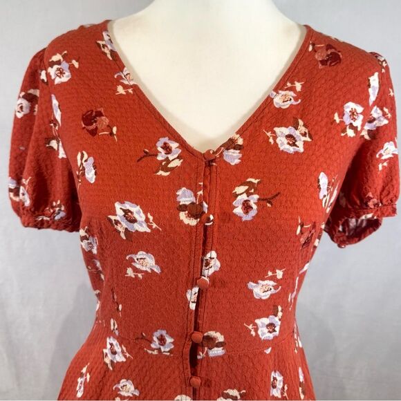 Burnt orange rust button down textured floral dress with pockets size XS - Picture 2 of 7